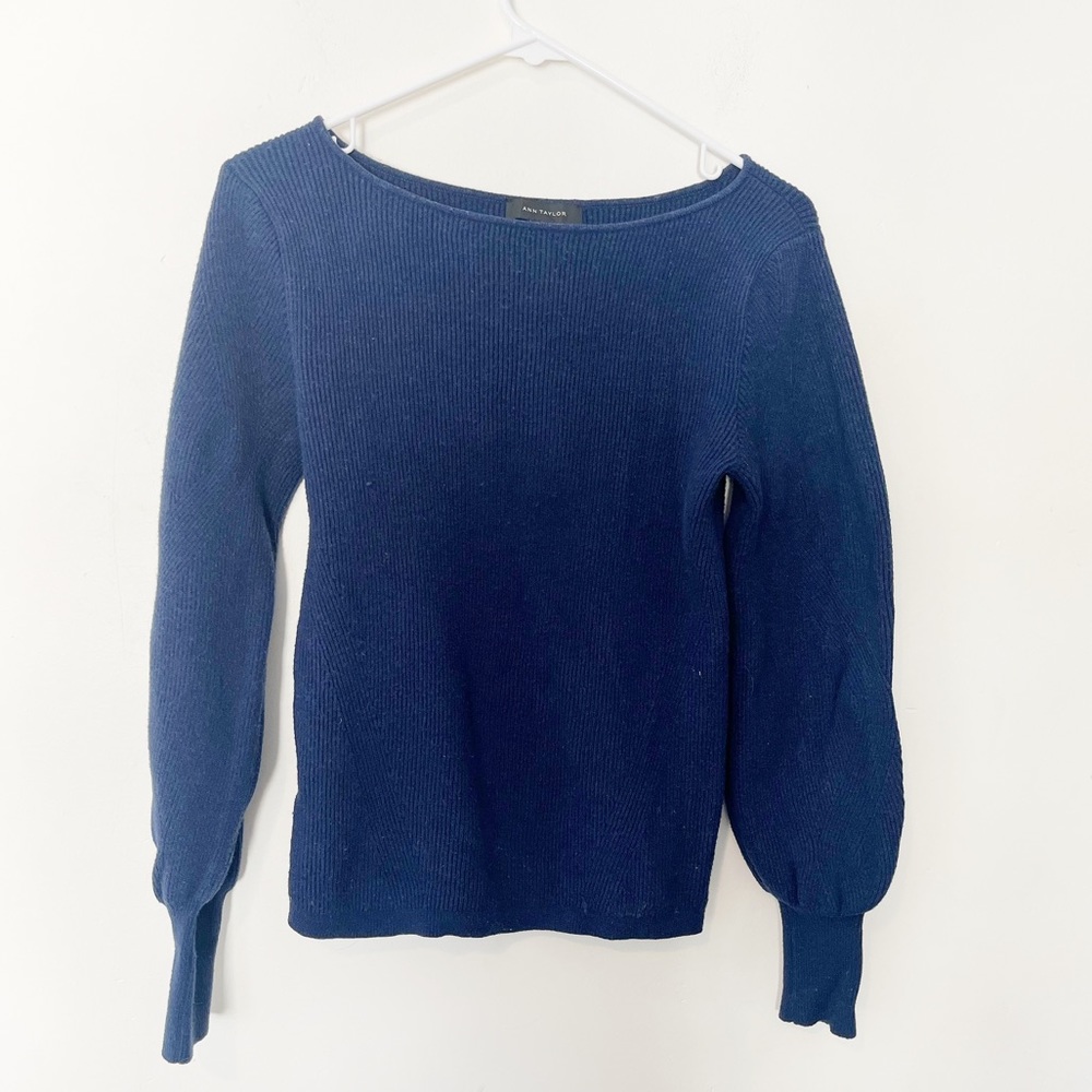 Ann Taylor Navy Tight Knit Ribbed Balloon Sleeve Sweater